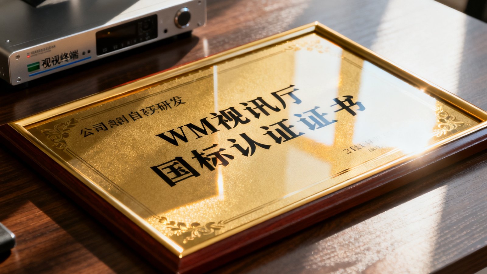 WM视讯厅获得的国标认证证书特写照片，金色边框的证书放置在深色木桌上，旁边是公司自主研发的视讯终端设备。