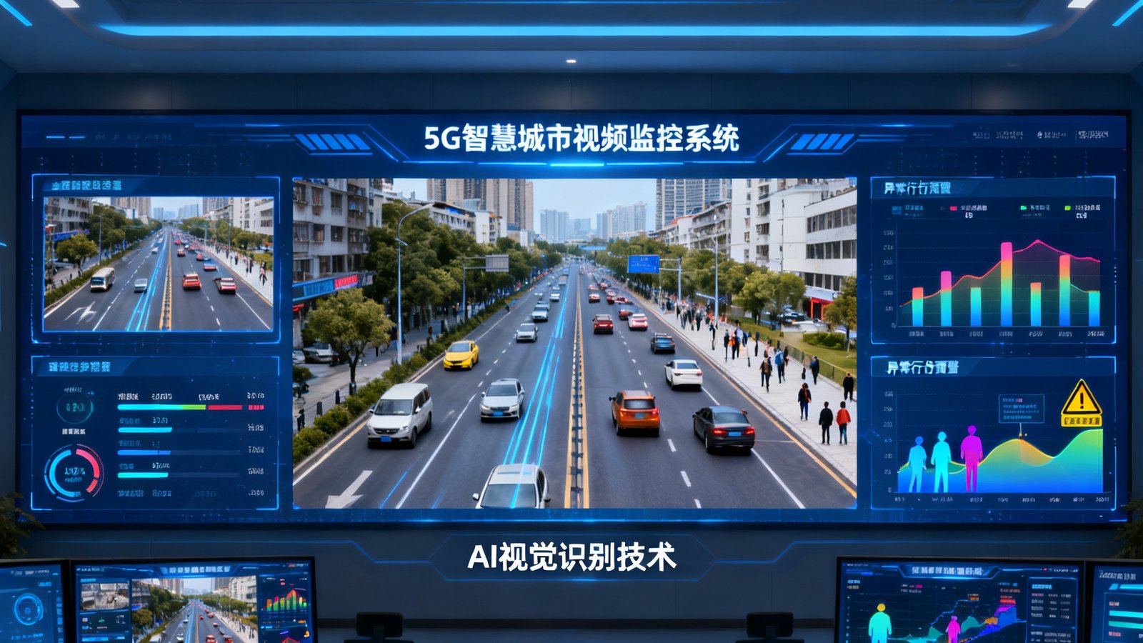 WM视讯厅5G智慧城市视频监控系统在现代化城市场景中的实际部署画面，多块屏幕实时显示交通流量与安防数据，展现AI视觉识别技术的强大能力。