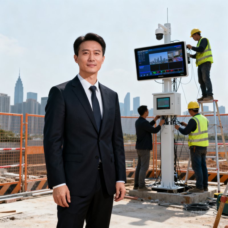 WM视讯厅COO李浩宇的商务照，一位身形挺拔的男士站在智慧城市项目施工现场，身后是正在安装的视讯终端设备。